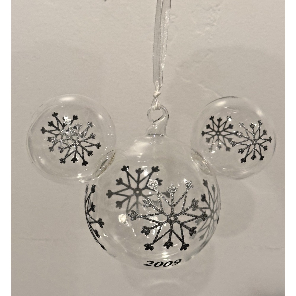Disney Parks Mickey Mouse Icon Glass Ornament Clear Silver Glitter Snowflake